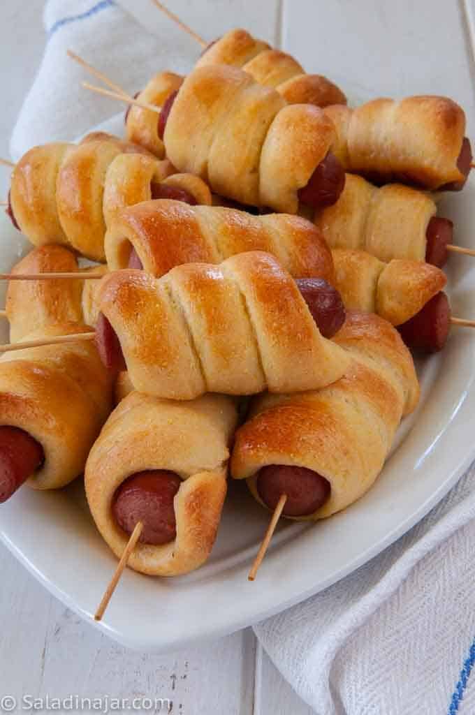 plate of mini corn dogs made with a Jiffy Mix and yeast