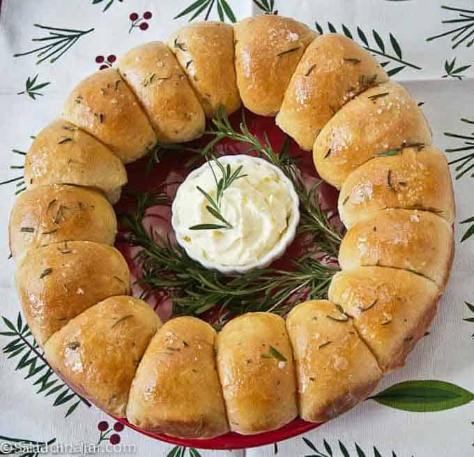 wreath of browned butter and rosemary yeast rolls