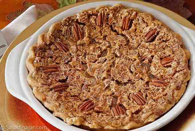 uncut browned-butter pecan pie without chocolate drizzle