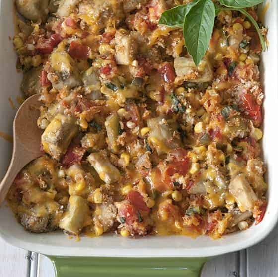Baked eggplant and corn casserole recipe celebrates the fresh flavors of summer.