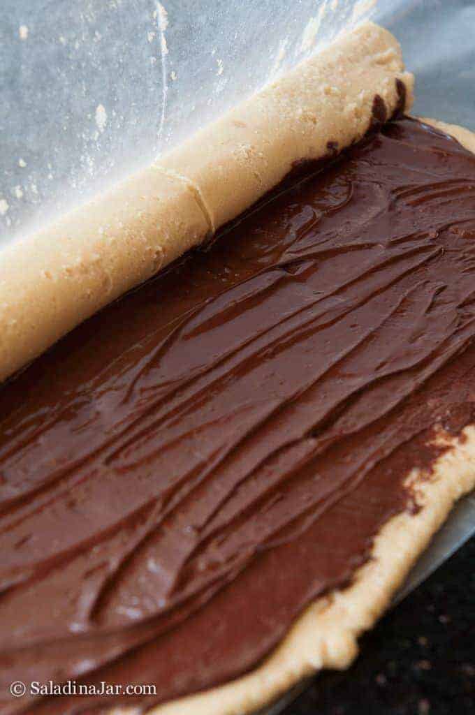 rolling chocolate-covered dough into a long.