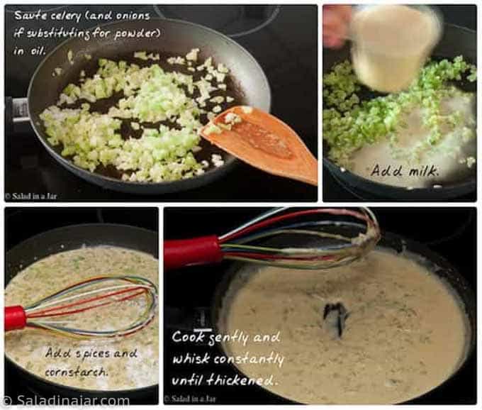 storyboard showing how to make celery soup on the stove