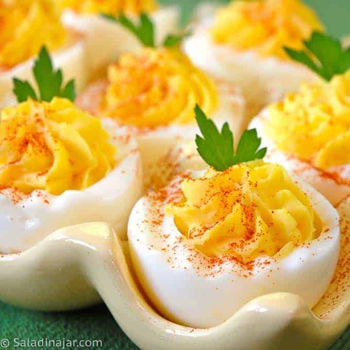 simple deviled eggs with a parsley garnish