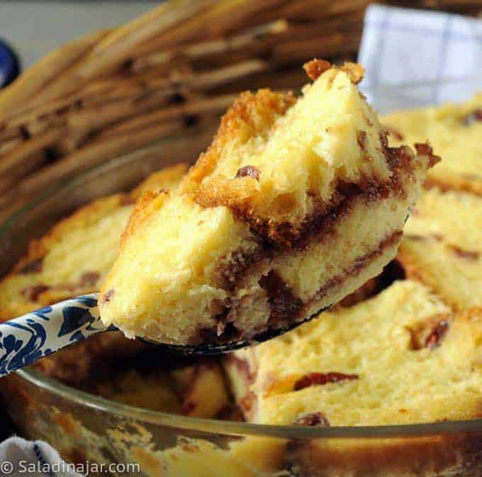 Dried Cranberry-Cherry Butter Bread Pudding on a spoon