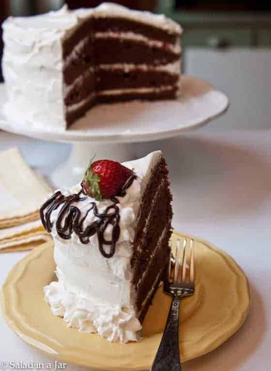 swiss chocolate layer cake with whipped cream icing
