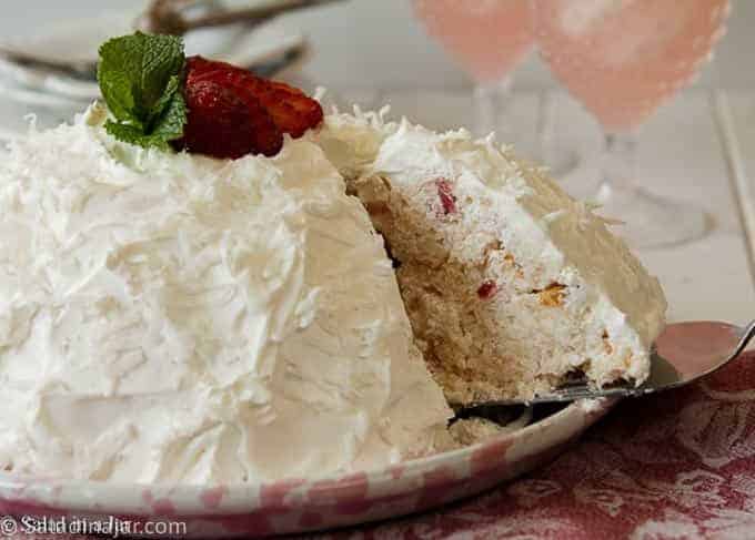 Torn Angel Food Cake recipe with a view of the inside.