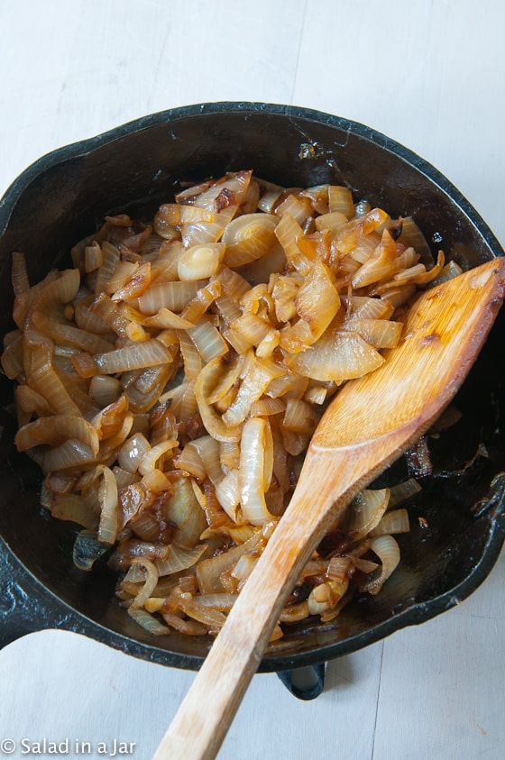 caramelized onions in a black skillet