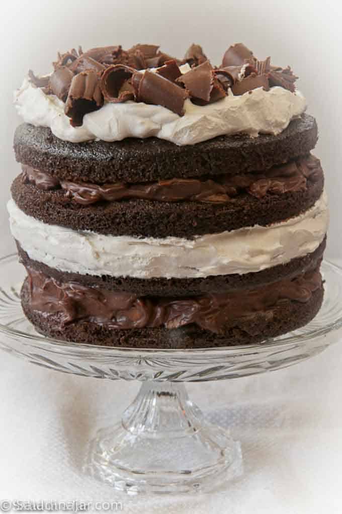 Chocolate Almond Layered Torte with chocolate curls on top