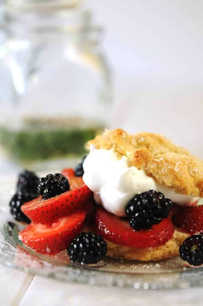 shortcake with basil cinnamon syrup--shortcake with strawberries and blackberries