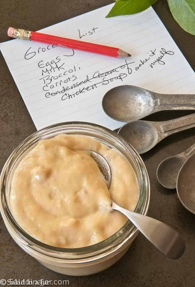 cream of chicken soup with a pencil and paper shopping list