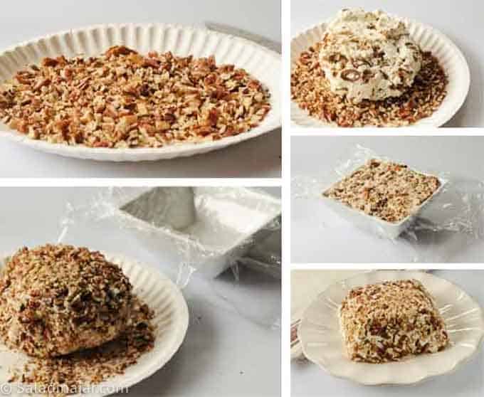 Pictorial of assembling the cheese ball: rolling balls in chopped pecans, molding the ball and unmolding for serving.