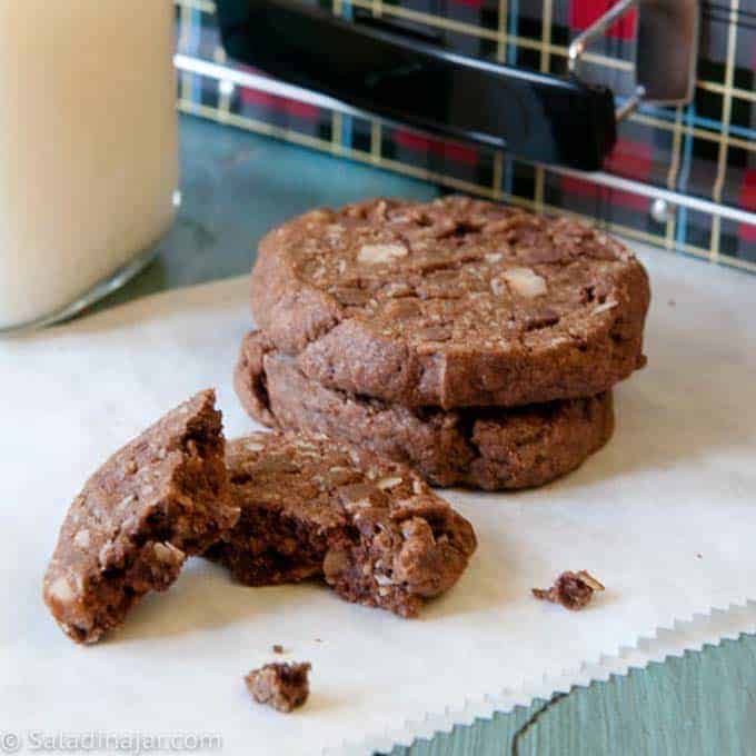 DOUBLE CHOCOLATE OATMEAL REFRIGERATOR COOKIES sitting in front of a lunch box