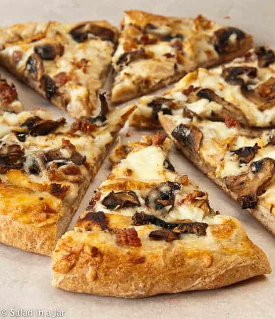 baked and sliced mushroom pizza made with honey whole wheat pizza dough