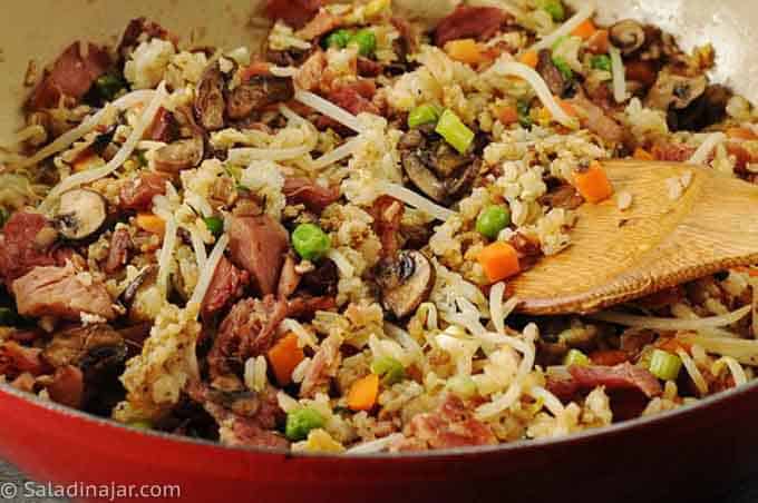 HAM AND VEGGIE FRIED RICE in a skillet