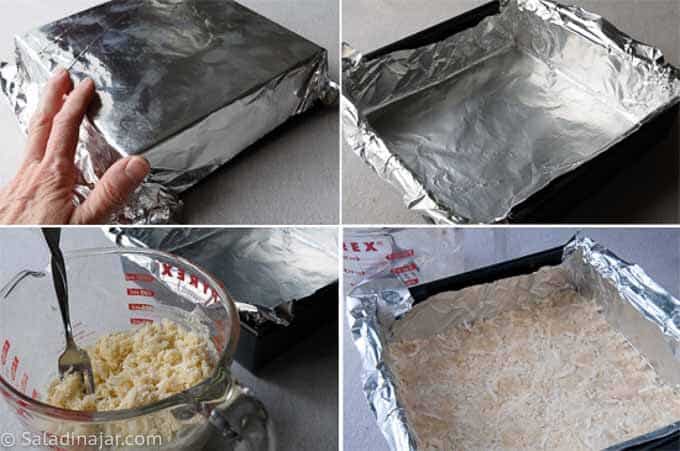 lining a pan with aluminum foil