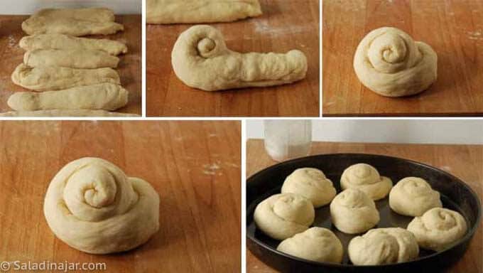 pictures showing how to shape seeded snail rolls
