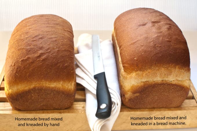  unsliced bread--one mixed by hand and other mixed in bread machine; comparison pic
