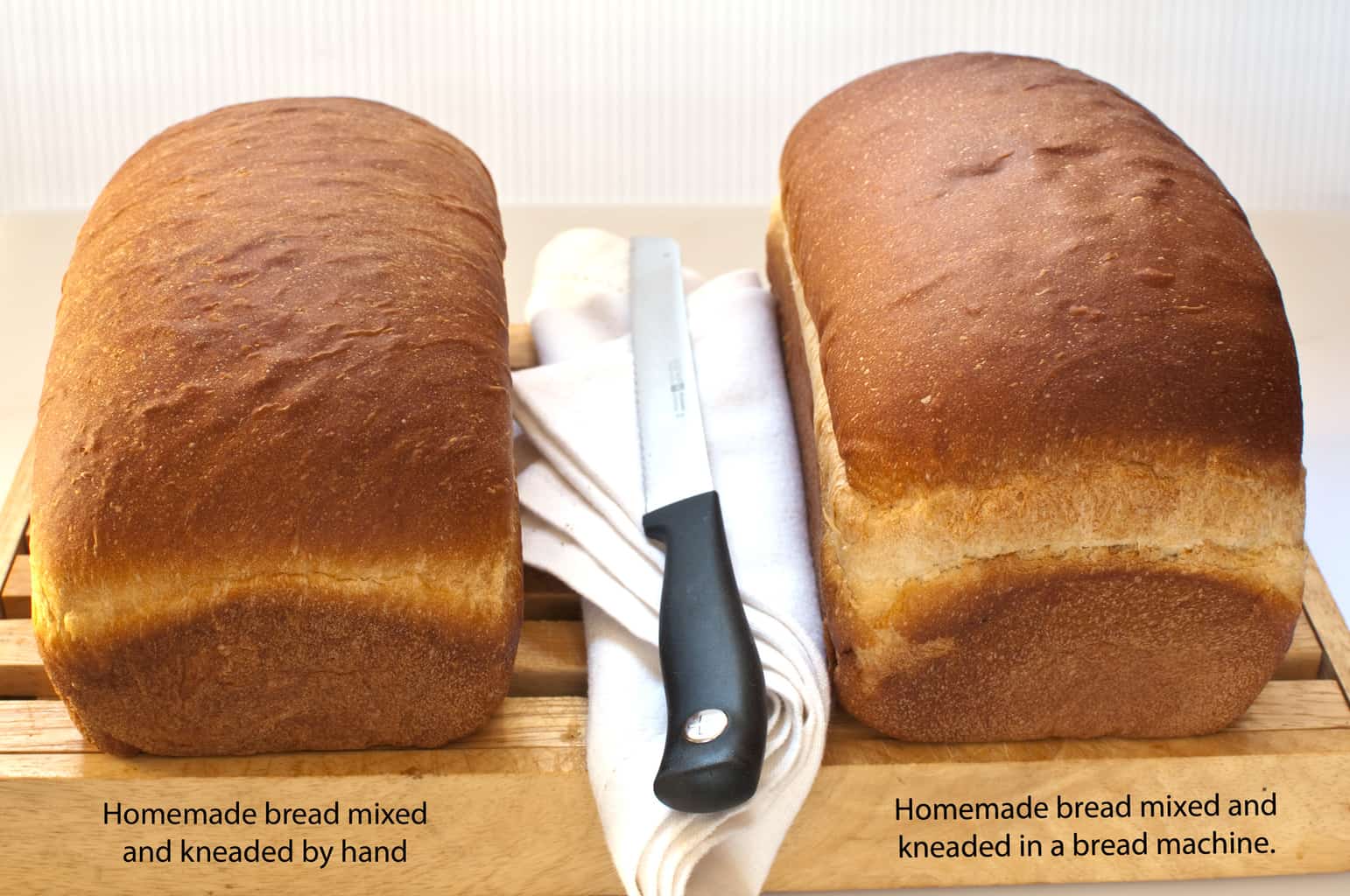  unsliced bread--one mixed by hand and other mixed in bread maker; comparison pic