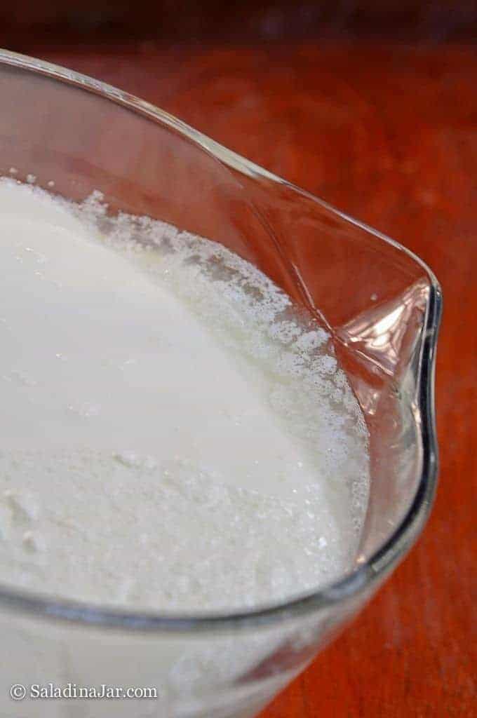 yogurt with whey gathered at the top near the pour spout