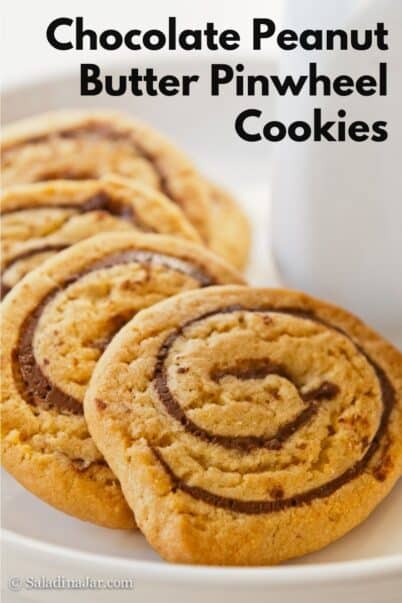 pinterest image for chocolate peanut butter pinwheel cookies