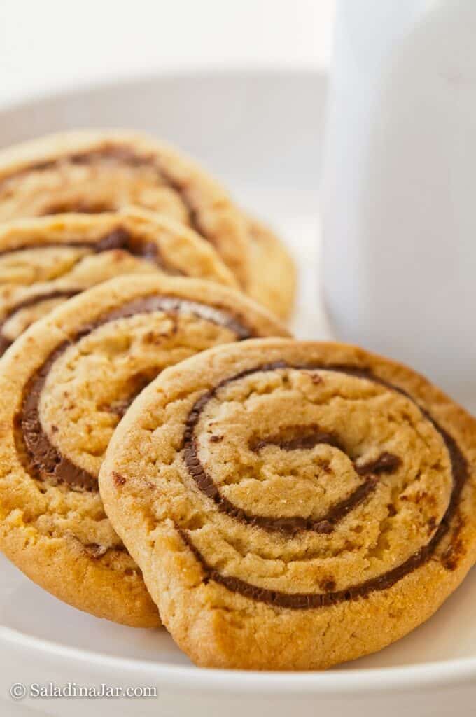 chocolate peanut butter pinwheel cookies on a plate