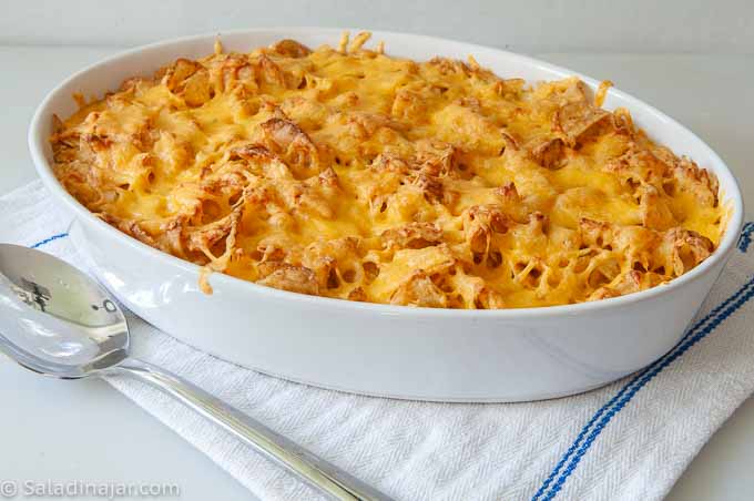 baked chicken and potato chip casserole fresh out of the oven