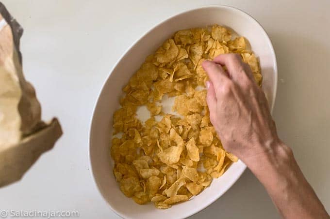 first layer of chips in casserole dish