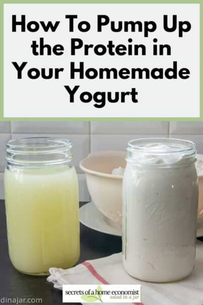Pinterest Image of straining regular yogurt that results in a quart of whey and a quart of Greek yogurt
