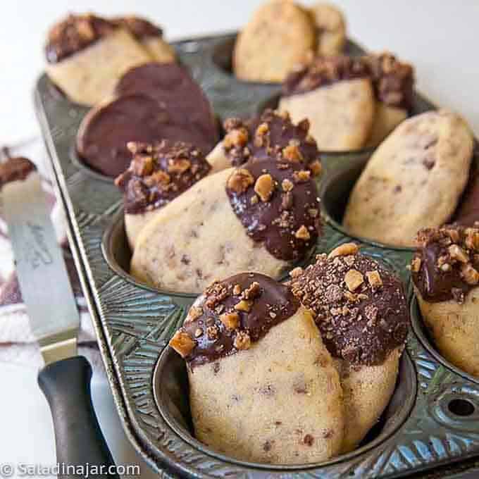 Chocolate Heath Bar cookies in a muffin tin