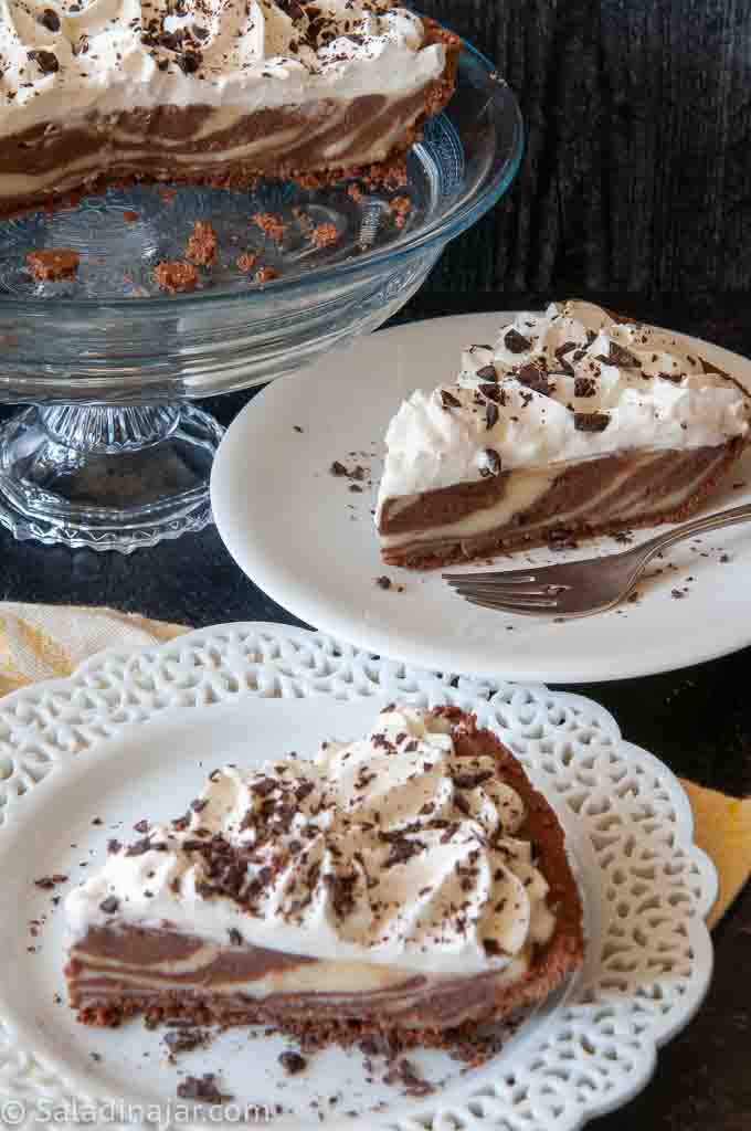 Zebra pie with slices to show interesting layers