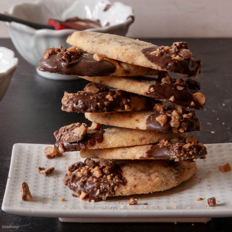 Chocolate-Dipped Shortbread Cookies Dressed Up with Toffee Bits