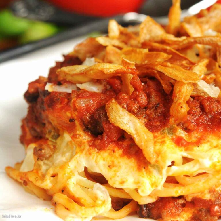 Baked Spaghetti with Cream Cheese-topped with french fried onions
