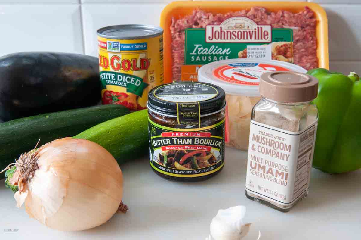 Ingredients for Eggplant, zucchini, and meatball soup.