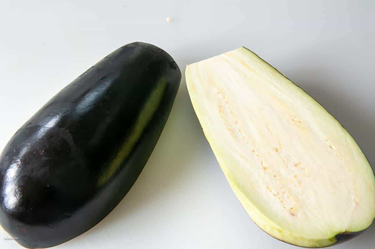 whole eggplant divided into halves.