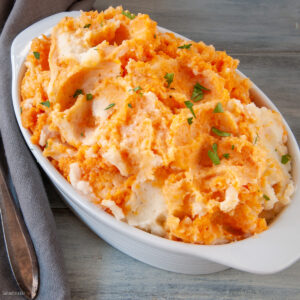 white and sweet potato mash in a bowl