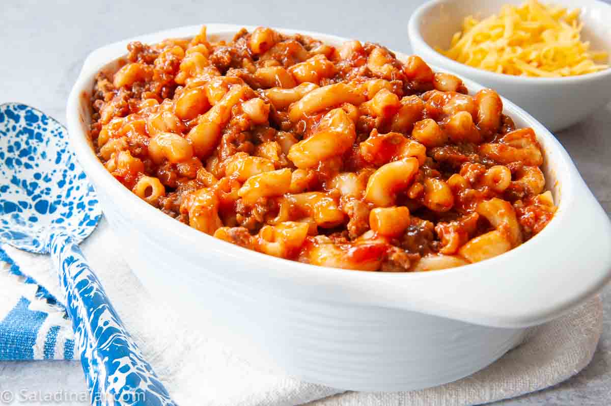 Easy Beef Goulash in a serving dish before adding cheese