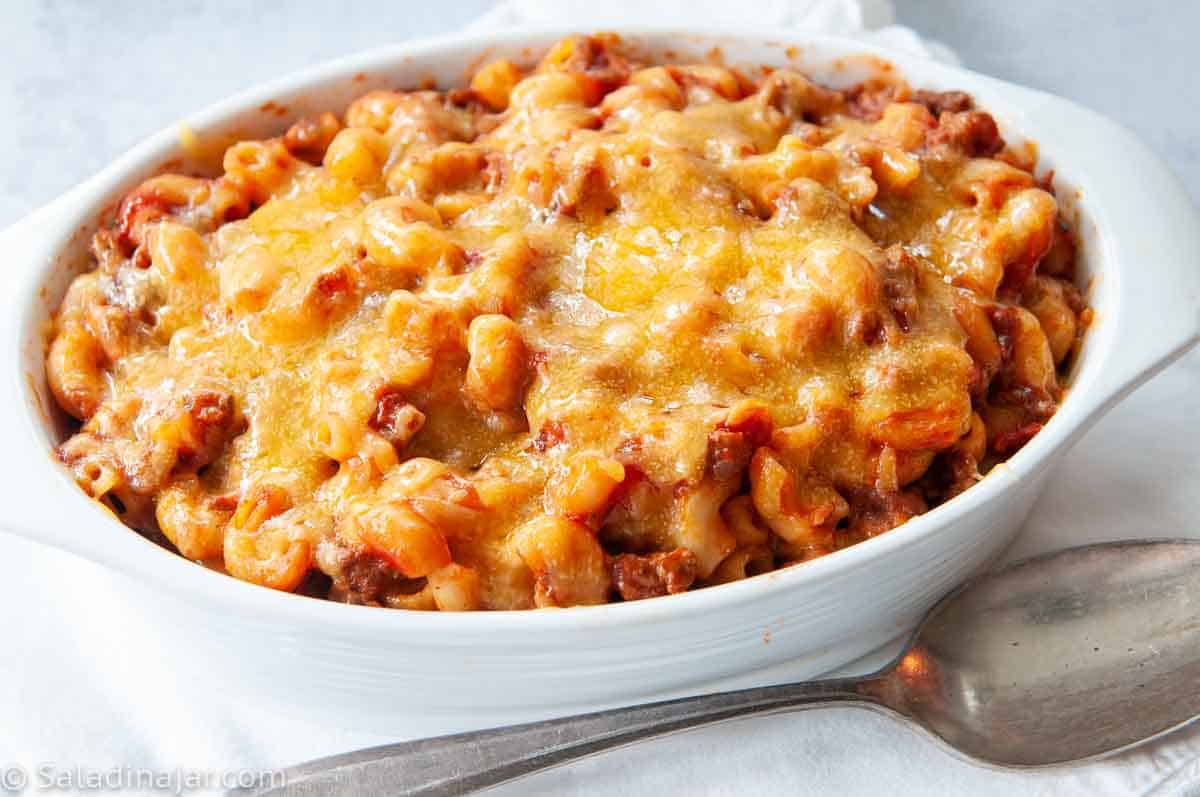 After Cheddar is added on top of ready-to-serve goulash with ketchup