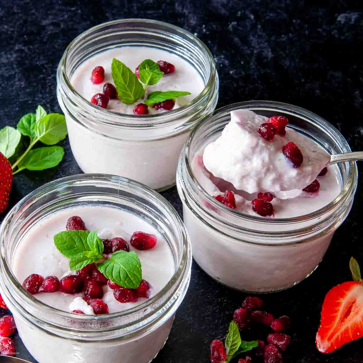 yogurt with pomegranites on top.