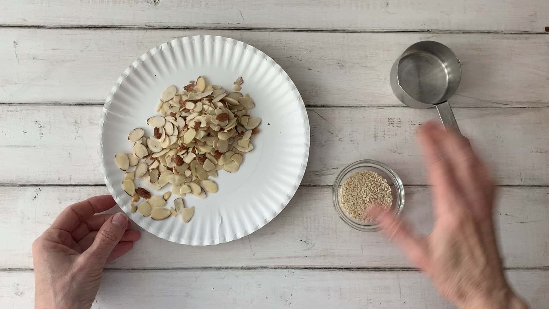 Toasting almonds and sesame seeds.