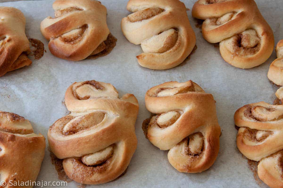 unfrosted baked Bear Claws on Cookie Sheet