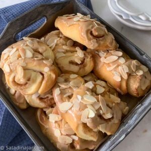 bear claws stacked in a pan ready to serve.