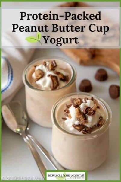 Pinterest image of two cups of yogurt and spoons