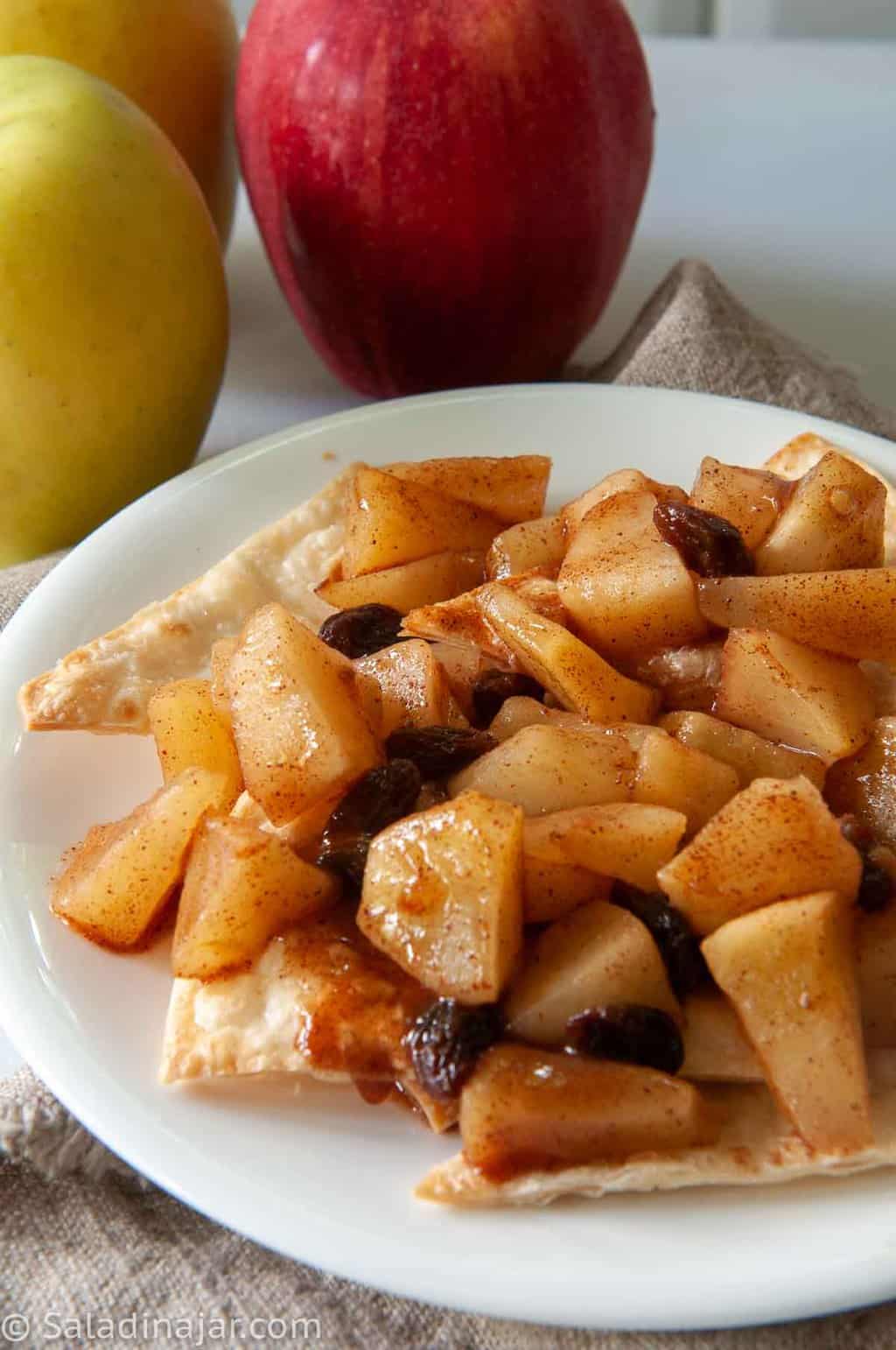 Apple Bueno made with flour tortilla chips and microwave apples and cinnamon