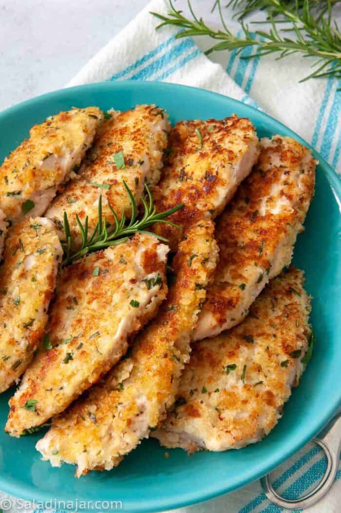 Breaded Chicken Tenders with Rosemary and Parmesan on a platter