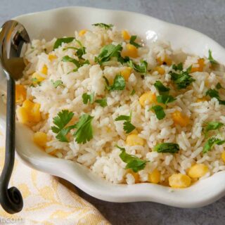 Cilantro and Hominy Rice in a serving dish