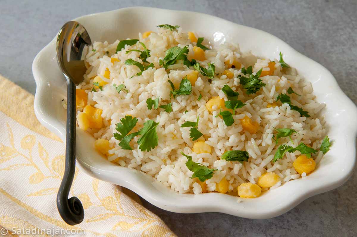 Cilantro Rice with Hominy in a serving dish