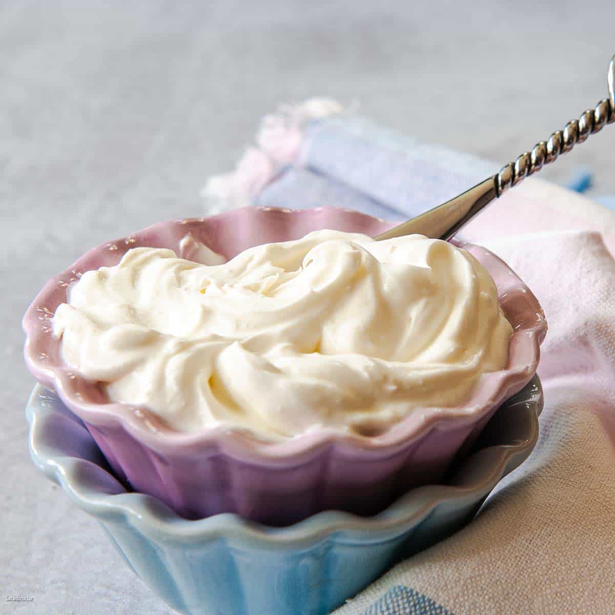 Creme Fraiche made with yogurt or yogurt whey in a dish with a spreader