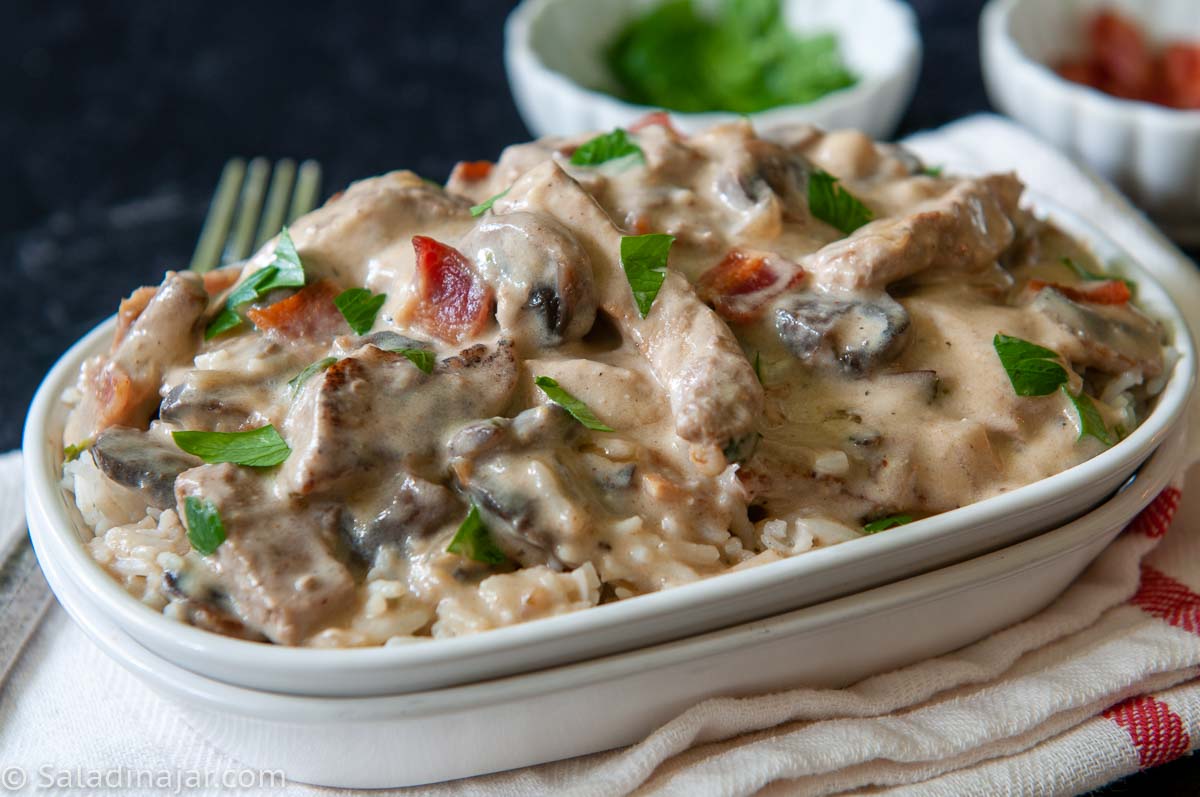 Pork stroganoff served over rice.