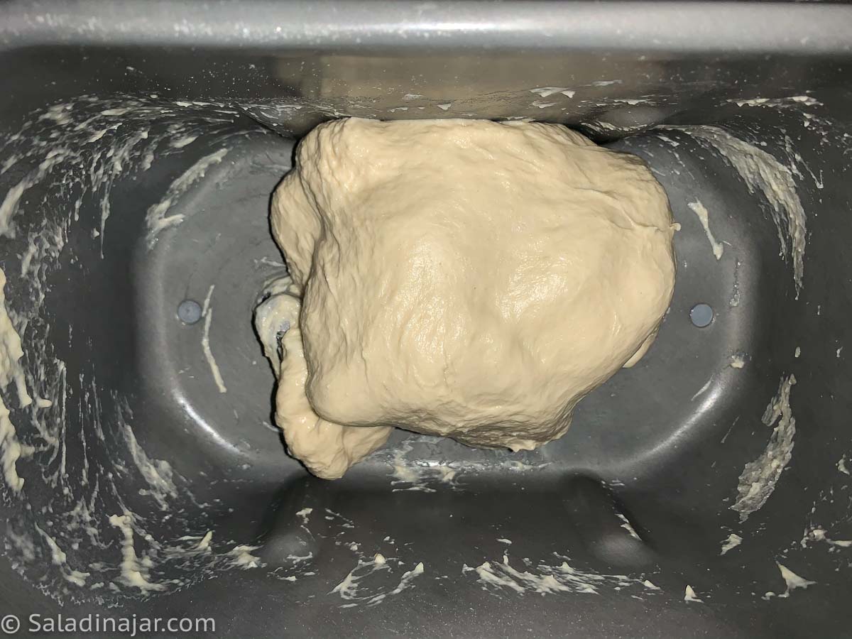 sticky ciabatta dough at the end of the dough cycle