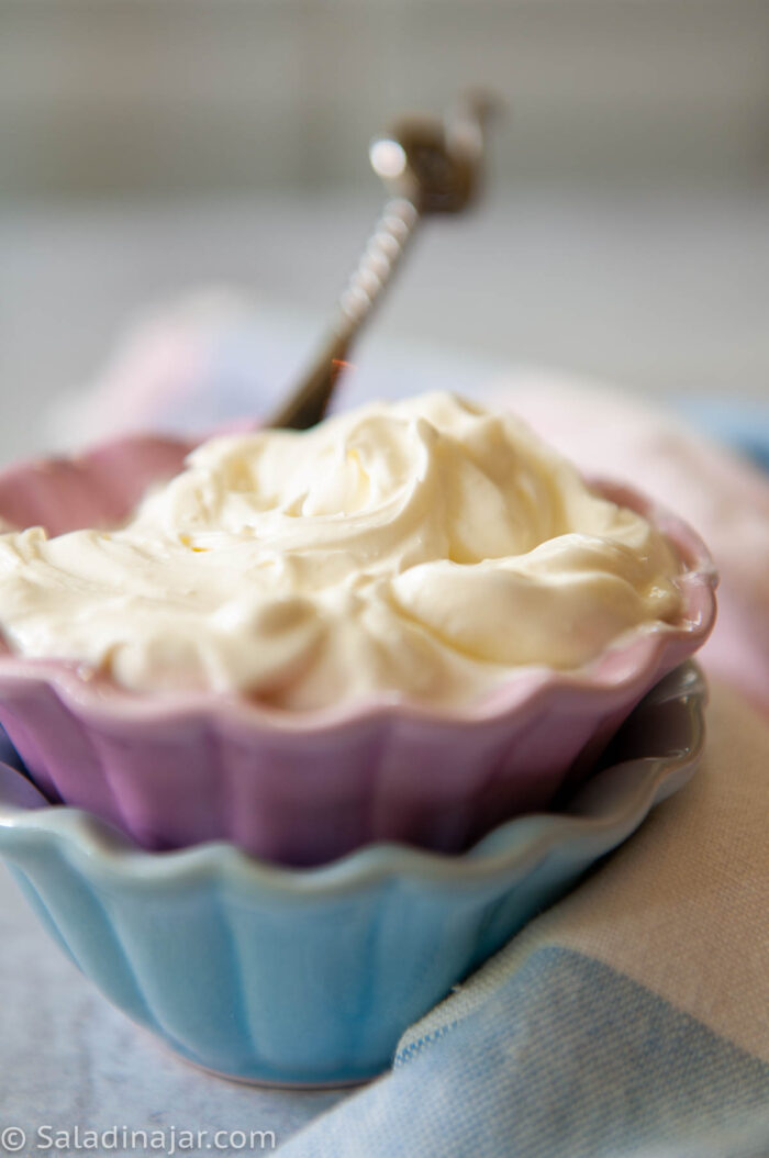 a bowl of thick homemade crème fraîche using yogurt or yogurt whey